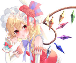 Rule 34 | 1girl, absurdres, blonde hair, cowboy shot, crystal wings, dress, flandre scarlet, flower, hair flower, hair ornament, hat, highres, leaning forward, open mouth, red dress, red eyes, red ribbon, ribbon, rori82li, side ponytail, simple background, solo, touhou, white background, wrist cuffs