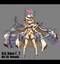 Rule 34 | 1girl, absurdres, bikini, blue eyes, cape, chain, character name, cowboy hat, english text, hat, heterochromia, highres, letterboxed, long hair, nevada (warship girls r), official art, photo background, red eyes, sirills, solo, swimsuit, turret, uss nevada, uss nevada (bb-36), uss nevada (zhan jian shao nyu), uss nevada (zhan jian shaonu), warship girls r, zhan jian shaonu