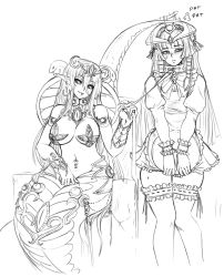 Rule 34 | 2girls, alternate costume, apophis (monster girl encyclopedia), armlet, barbariank, bare shoulders, black sclera, blush, bracelet, breasts, collar, colored sclera, diadem, earrings, egyptian, embarrassed, enmaided, fingernails, frown, greyscale, hair tubes, headpat, highres, jewelry, lamia, large breasts, leash, lip piercing, long fingernails, long hair, looking away, maid, monochrome, monster girl, monster girl encyclopedia, monster girl encyclopedia ii, multiple girls, navel piercing, nipple tassels, pasties, pharaoh (monster girl encyclopedia), piercing, pointy ears, puffy short sleeves, puffy sleeves, short sleeves, simple background, sitting, sweatdrop, thighhighs, throne, tray, undead, wrist cuffs