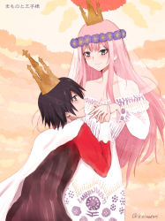 Rule 34 | 10s, 1boy, 1girl, bare shoulders, black hair, blue eyes, blush, breasts, cape, capelet, cleavage, collarbone, commentary request, couple, crown, darling in the franxx, dress, flower, green eyes, hair flower, hair ornament, hetero, hiro (darling in the franxx), holding hands, long hair, long sleeves, looking at another, medium breasts, niwatori kokezou, pink hair, short hair, signature, translation request, veil, white cape, white dress, zero two (darling in the franxx)