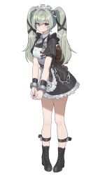 Rule 34 | 1girl, apron, belt, black bow, black dress, black footwear, black wristband, boots, bow, chain, closed mouth, collared dress, combat boots, commentary, corin wickes, dress, erenav, frilled dress, frills, full body, green hair, hair between eyes, high belt, highres, looking at viewer, maid apron, maid headdress, purple eyes, shin strap, short dress, simple background, solo, stuffed animal, stuffed toy, teddy bear, twintails, white-framed eyewear, zenless zone zero