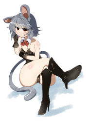 Rule 34 | 1girl, :3, animal ears, bare shoulders, black gloves, blush, boots, bow, bowtie, breasts, cameltoe, crossed legs, detached collar, gloves, grey hair, high heel boots, high heels, highres, legs, leotard, light smile, looking at viewer, mouse ears, mouse tail, nazrin, nontraditional playboy bunny, playboy bunny, red eyes, scratching cheek, short hair, solo, tail, takimoto yukari, touhou