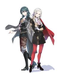 Rule 34 | 2girls, aiguillette, armor, armored dress, black dress, black footwear, black legwear, black shorts, blue eyes, blue hair, boots, breasts, byleth (female) (fire emblem), byleth (fire emblem), cape, closed mouth, coat, coat on shoulders, dress, edelgard von hresvelg, epaulettes, expressionless, fire emblem, fire emblem: three houses, forehead, full body, garreg mach monastery uniform, gloves, hair between eyes, hand on own chin, high heel boots, high heels, knee boots, leg armor, light smile, long hair, looking at viewer, medium breasts, medium hair, multiple girls, nintendo, pantyhose, pantyhose under shorts, parted bangs, purple eyes, red cape, red legwear, sen&#039;yuu yuuji, short shorts, shorts, shoulder armor, side-by-side, silver hair, simple background, small breasts, smile, standing, straight hair, vambraces, white background, white gloves