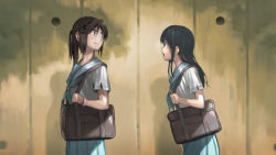 Rule 34 | 2girls, bag, black eyes, black hair, blue neckerchief, blue sailor collar, blue skirt, brown eyes, brown hair, closed mouth, eye contact, from side, hibike! euphonium, kasaki nozomi, liz to aoi tori, looking at another, looking back, making-of available, multiple girls, neckerchief, nishimawari kouro, open mouth, pleated skirt, ponytail, profile, sailor collar, school bag, school uniform, serafuku, shirt, short sleeves, shoulder bag, skirt, smile, white shirt, yoroizuka mizore