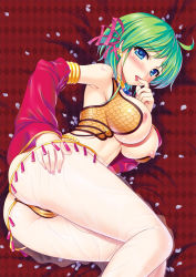 Rule 34 | 1girl, ahoge, ass, ass grab, blue eyes, blush, bow, breasts, butt crack, cameltoe, earrings, finger to mouth, green hair, gypsy (ragnarok online), hair bow, hair ribbon, jewelry, kawase seiki, large breasts, legs, lots of jewelry, lying, nail polish, nipple slip, nipples, on side, pink nails, ragnarok online, ribbon, see-through, short hair, solo