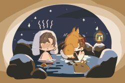 Rule 34 | :&lt;, anger vein, animal, blush, brown hair, capybara, chibi, cloud, copyright request, faceless, fox, lantern, night, night sky, nose blush, nude, onsen, parted lips, partially submerged, remosea, sky, towel, towel on head, triangle mouth, water