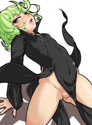 Rule 34 | black dress, breasts, cleft of venus, covered erect nipples, covered navel, curly hair, dress, green eyes, green hair, mersoleil03, no panties, one-punch man, pussy, pussy juice, short hair, small breasts, tatsumaki, uncensored