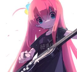 Rule 34 | 1girl, black shirt, blue eyes, bocchi the rock!, closed mouth, cube hair ornament, electric guitar, gibson les paul, gotoh hitori, guitar, hair between eyes, hair ornament, holding, holding instrument, holding plectrum, instrument, long hair, looking down, music, natsu-no-kamisama, one side up, pink hair, playing instrument, plectrum, shirt, short sleeves, simple background, solo, sweatdrop, t-shirt, upper body, white background