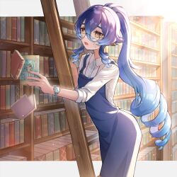 Rule 34 | 1girl, alternate hairstyle, bespectacled, blue dress, blue hair, book, bookshelf, commentary request, cowboy shot, dress, drill hair, drill sidelocks, faruzan (genshin impact), genshin impact, glasses, highres, holding, holding book, indoors, ladder, layla (genshin impact), long hair, mokankan, open mouth, pinafore dress, pointy ears, ponytail, shirt, sidelocks, sleeveless, sleeveless dress, solo, standing, translation request, very long hair, watch, white shirt, wristwatch, yellow eyes