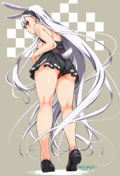 Rule 34 | 1girl, absurdres, animal ears, ass, azur lane, backless outfit, black footwear, blush, breasts, brown eyes, commentary request, dated, from behind, from below, full body, grey background, highres, kneepits, long hair, looking at viewer, looking back, medium breasts, pleated skirt, rabbit ears, rabbit girl, rabbit tail, shimakaze (azur lane), sideboob, skirt, solo, standing, tail, umyonge (lkakeu), very long hair, white hair