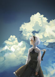 Rule 34 | 1girl, black hairband, cloud, female focus, hairband, holding, holding sword, holding weapon, konpaku youmu, long sleeves, looking away, looking to the side, outdoors, profile, scabbard, sheath, sheathed, short hair, silver hair, skirt, sky, solo, sword, touhou, weapon, yoyo (frost xxs)