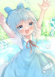 Rule 34 | 1girl, :d, absurdres, arms up, ashino chimado, blue bow, blue dress, blue eyes, blue hair, blush, bow, cirno, day, dress, from above, hair bow, happy, highres, open mouth, outdoors, puffy short sleeves, puffy sleeves, red ribbon, ribbon, short hair, short sleeves, smile, solo, touhou, water, water drop, wing collar