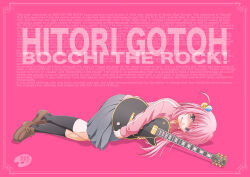 Rule 34 | 1girl, black socks, blue eyes, bocchi the rock!, border, brown footwear, character name, circle name, commentary, copyright name, cube hair ornament, gotoh hitori, grey skirt, guitar, hair ornament, holding, holding instrument, instrument, jacket, loafers, long hair, long sleeves, looking at viewer, lying, medium skirt, on side, one side up, open mouth, pink background, pink hair, pink jacket, pleated skirt, shizuki michiru, shoes, simple background, skirt, smile, socks, solo, text background, track jacket