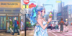 Rule 34 | blue dress, blue hair, bracelet, breasts, cleavage, commentary request, crowd, day, dress, hair ribbon, ice cream cone, jewelry, kujou non, medium breasts, necklace, original, pink eyes, ribbon, solo focus, spaghetti strap, summer, sundress, twintails, walking