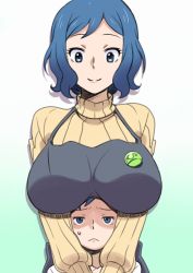 Rule 34 | 10s, 1boy, 1girl, apron, blue eyes, blue hair, breast rest, breasts, breasts on head, date naoto, gundam, gundam build fighters, happy, haro button badge, hetero, hug, hug from behind, iori rinko, iori sei, large breasts, mature female, mother and son, ribbed sweater, sweat, sweater, turtleneck, worried