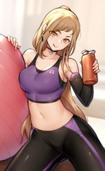Rule 34 | 1girl, :q, absurdres, ball, black choker, black pants, blonde hair, bottle, breasts, choker, collarbone, commentary request, detached sleeves, earrings, exercise ball, fingernails, highres, holding, holding bottle, hua-j, jewelry, large breasts, long hair, long sleeves, looking at viewer, midriff, navel, original, pants, purple tank top, solo, tank top, tongue, tongue out, track pants, very long hair, yellow eyes