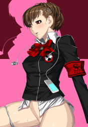 Rule 34 | 1girl, armband, atlus, blush, bottomless, breasts, brown hair, female focus, hair ornament, hairclip, kansuke, panties, persona, persona 3, persona 3 portable, pussy juice, red eyes, shiomi kotone, solo, sweat, sweatdrop, underwear