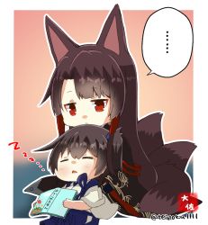 Rule 34 | ..., 2girls, akagi (azur lane), animal ears, artist logo, azur lane, black hair, blue hakama, book, brown hair, closed mouth, commentary request, crossover, eyeshadow, fox ears, fox girl, fox tail, hair between eyes, hair tubes, hakama, hakama skirt, japanese clothes, kaga (kancolle), kantai collection, kitsune, kyuubi, long hair, long sleeves, looking at another, lying, lying on lap, makeup, multiple girls, multiple tails, on back, open mouth, parted lips, red eyes, revision, side ponytail, sidelocks, signature, simple background, skirt, sleeping, sleeping on person, speech bubble, tail, taisa (kari), tasuki, translation request, triangle mouth, twitter username, wide sleeves, zzz