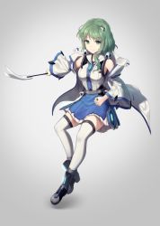 Rule 34 | 1girl, adapted costume, bare shoulders, blue skirt, boots, breasts, commentary request, frog hair ornament, full body, green eyes, green hair, grey background, hair ornament, holding, jacket, kochiya sanae, long hair, looking at viewer, medium breasts, miniskirt, minust, open clothes, open jacket, petticoat, shadow, shirt, skirt, smile, snake hair ornament, solo, thighhighs, touhou, white jacket, white shirt, white thighhighs, zettai ryouiki