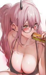 Rule 34 | 1boy, 1girl, absurdres, blush, bra, bread, breasts, character request, cleavage, collarbone, ear piercing, food, glasses, highres, horns, large breasts, lettuce, licking, long hair, maru ccy, original, piercing, pink hair, saliva, sandwich, sexually suggestive, single horn, solo focus, sweat, tomato, underwear, yellow eyes