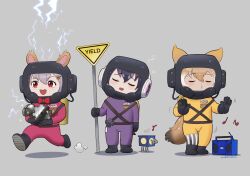 Rule 34 | 3girls, absurdres, alternate costume, animal ears, beleven, black hair, blonde hair, bodysuit, boots, closed eyes, coyote (kemono friends), extra ears, gloves, grey background, grey hair, hazmat suit, highres, humboldt penguin (kemono friends), indie virtual youtuber, kemono friends, kemono friends v project, kirara mimi, lethal company, long hair, mouse ears, mouse girl, multiple girls, oxygen mask, oxygen tank, parody, penguin girl, red eyes, simple background, tail, tube, virtual youtuber, wolf ears, wolf girl, wolf tail