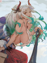 Rule 34 | 1girl, bare shoulders, breasts, brown eyes, club, club (weapon), covered erect nipples, cutesexyrobutts, green hair, hakama, hakama pants, hakama skirt, highres, horns, huge breasts, japanese clothes, kanabou, long hair, looking at viewer, multicolored hair, one piece, open mouth, pants, sideboob, skirt, solo, very long hair, weapon, white hair, yamato (one piece), yellow horns
