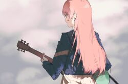 Rule 34 | 1girl, artist request, bang dream!, bang dream! it&#039;s mygo!!!!!, blue jacket, chihaya anon, chinese commentary, closed mouth, commentary request, commission, earrings, from behind, grey background, grey eyes, guitar, holding, holding guitar, holding instrument, instrument, jacket, jewelry, long hair, pink hair, playing guitar, second-party source, smile, solo, upper body