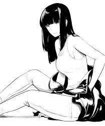 Rule 34 | arm support, bare shoulders, blunt bangs, breasts, cleavage, clothes around waist, greyscale, highres, hime cut, jacket, jacket around waist, large breasts, leaning forward, long hair, looking at viewer, looking to the side, lynus, monochrome, original, pants, sideboob, sitting, solo