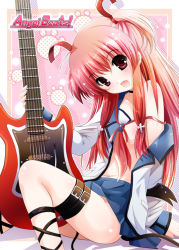 Rule 34 | 10s, 1girl, angel beats!, ankle lace-up, bad id, bad pixiv id, bat wings, cross-laced footwear, fang, guitar, instrument, long hair, open clothes, open shirt, pink eyes, pink hair, school uniform, serafuku, shiroi noria, shirt, solo, tail, thigh strap, twintails, two side up, wings, yui (angel beats!)
