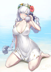 Rule 34 | 1girl, anastasia (fate), anastasia (swimsuit archer) (fate), bare shoulders, beach, blue eyes, blush, bosshi, bow, braid, breasts, cleavage, collarbone, dress, dress swimsuit, fate/grand order, fate (series), flower wreath, grin, hair bow, hair over one eye, head wreath, highres, large breasts, long hair, looking at viewer, shore, sitting, smile, solo, twin braids, very long hair, wariza, wet, white dress, white hair