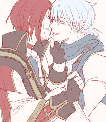 Rule 34 | 2boys, black coat, black gloves, blue eyes, blue hair, blue scarf, chain, closed mouth, coat, commentary request, fingerless gloves, flat color, gloves, imminent kiss, looking at another, male focus, mechanic (ragnarok online), mit (necomit), multiple boys, ragnarok online, red eyes, red hair, scarf, short hair, short ponytail, simple background, upper body, warlock (ragnarok online), yaoi