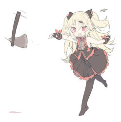 Rule 34 | 1girl, akatsuki uni, armpits, axe, bare shoulders, black dress, black gloves, black pantyhose, blade (galaxist), blonde hair, blush, commentary, dress, fang, glove bow, gloves, hair ornament, hairclip, hatchet, hatchet (axe), long hair, open mouth, pantyhose, partially fingerless gloves, red eyes, skin fang, sleeveless, sleeveless dress, solo, standing, standing on one leg, throwing, two side up, uni create, very long hair, virtual youtuber, zipper pull tab