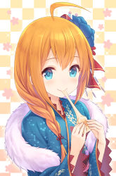 Rule 34 | 1girl, ahoge, blue eyes, blue flower, blue kimono, blush, braid, checkered background, closed mouth, commentary request, eating, floral background, flower, food, hair flower, hair ornament, hair over shoulder, hair ribbon, highres, holding, holding food, japanese clothes, kimono, long sleeves, mochi, orange hair, pecorine (new year) (princess connect!), pecorine (princess connect!), princess connect!, red ribbon, ribbon, smile, solo, tomo (tmtm mf mf), upper body, wide sleeves