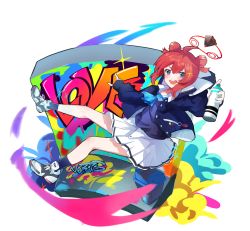 Rule 34 | 1girl, :d, ahoge, black socks, blue archive, blue eyes, blue necktie, blue sweater vest, double bun, geco gecko, graffiti, hair bun, halo, highres, holding, hood, hooded jacket, id card, jacket, jumping, long sleeves, looking at viewer, maki (blue archive), necktie, open mouth, outstretched arms, painting (action), pleated skirt, puffy sleeves, red hair, shirt, shoes, short hair, sidelocks, skirt, sleeves past wrists, smile, sneakers, socks, solo, spray can, spray paint, sweater vest, trash can, wall, white shirt, white skirt