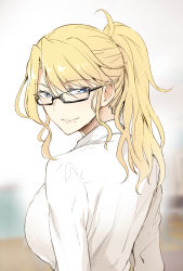Rule 34 | 1girl, blonde hair, blue eyes, breasts, colorized, commentary request, glasses, highres, ishima yuu, large breasts, long hair, looking at viewer, looking back, mole, mole under mouth, original, ponytail, semi-rimless eyewear, shirt, smile, solo, teacher, under-rim eyewear