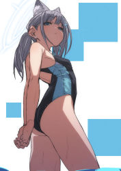 Rule 34 | 1girl, animal ear fluff, animal ears, arched back, arms behind back, ass, backless swimsuit, black one-piece swimsuit, blue archive, blue eyes, blue one-piece swimsuit, breasts, closed mouth, competition swimsuit, cowboy shot, cross hair ornament, earrings, extra ears, from side, fu-ta, grey hair, hair ornament, halo, highres, jewelry, long hair, looking at viewer, one-piece swimsuit, ponytail, shiroko (blue archive), shiroko (swimsuit) (blue archive), small breasts, solo, stud earrings, swimsuit, two-tone swimsuit