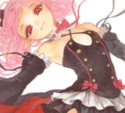 Rule 34 | 1girl, armpits, bad drawr id, bad id, bare shoulders, black dress, black ribbon, black sleeves, bow, bowtie, breasts, buttons, cleavage cutout, closed mouth, clothing cutout, detached sleeves, dress, frilled dress, frills, head tilt, krul tepes, long hair, looking at viewer, oekaki, owari no seraph, pink bow, pink bowtie, pink hair, pointy ears, red eyes, ribbon, simple background, small breasts, solo, tanaka pen, upper body, white background