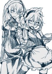 Rule 34 | 1boy, 1girl, alternate costume, blue theme, blush, crossdressing, cup, embarrassed, enmaided, femdom, food, glasses, groping, height difference, hetero, holding, holding dish, holding plate, kagamine len, long hair, long skirt, maid, maid headdress, megurine luka, monochrome, open mouth, parfait, plate, ponytail, sandwich, skirt, teacup, tears, thighhighs, thupoppo, tray, vest, vocaloid, white background