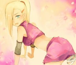Rule 34 | all fours, blonde hair, earrings, fishnets, from behind, green eyes, hair ornament, hair over one eye, hairclip, jewelry, long hair, looking back, naruto, naruto (series), ponytail, saliva, tongue, yamanaka ino, yokige