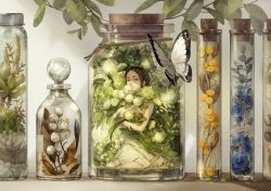 Rule 34 | 1girl, bottle, braid, brown eyes, brown hair, bug, butterfly, closed mouth, commentary, cork, dress, flower, highres, in bottle, in container, bug, original, plant, rope, yoshioka (haco)