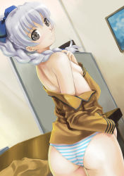 Rule 34 | 00s, 1girl, absurdres, ass, back, bare shoulders, blue panties, blush, bow, braid, breasts, brown eyes, clothes pull, flat chest, full metal panic!, hair bow, hair over shoulder, highres, jacket, long hair, long sleeves, looking back, mikazuki akira!, no bra, no pants, panties, shirt pull, silver hair, single braid, small breasts, solo, striped clothes, striped panties, teletha testarossa, thigh gap, thighs, underwear, undressing