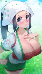 Rule 34 | 1girl, adapted costume, akari (pokemon), alternate breast size, black hair, blush, breasts, cleavage, covered erect nipples, creatures (company), game freak, head scarf, japanese clothes, large breasts, light smile, looking at viewer, nintendo, pokemon, pokemon legends: arceus, ponytail, solo, sumisumii