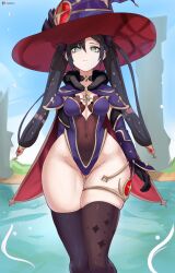 Rule 34 | 1girl, blue eyes, breasts, curvy, genshin impact, gloves, hat, highres, leotard, long hair, long sleeves, looking at viewer, mona (genshin impact), o22no, outdoors, small breasts, solo, thick thighs, thighhighs, thighs, twintails, wide hips