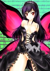 Rule 34 | 10s, 1girl, accel world, antenna hair, bad id, bad pixiv id, bare shoulders, blush, breasts, bug, butterfly, butterfly wings, clothes lift, dress, dress lift, elbow gloves, gloves, hairband, highres, insect, insect wings, kuroyukihime, long hair, medium breasts, nipple slip, nipples, pussy, sakurajousui neko, solo, wings