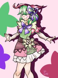 Rule 34 | 1girl, antennae, bow, dress, closed eyes, hair ornament, hair ribbon, highres, kohaku (rune factory), long sleeves, outstretched arms, ribbon, rune factory, rune factory 4, shirt, short hair, smile, solo, spread arms, violet the ghost