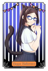 Rule 34 | 1girl, alternate costume, animal ear fluff, animal ears, artist name, blue-framed eyewear, blue background, blue eyes, blush, border, breasts, brown hair, bunting, card (medium), cat ears, cat girl, cat tail, closed mouth, commentary request, cowboy shot, cropped shirt, edamame koron, extra ears, from side, furrowed brow, gems company, glasses, gradient background, grey sailor collar, grey skirt, hands up, happy halloween, highres, long hair, looking at viewer, looking to the side, medium breasts, otowa shizuku, parted bangs, paw pose, pennant, pleated skirt, sailor collar, school uniform, shirt, short sleeves, sidelocks, sideways glance, skirt, solo, striped background, tail, tail raised, thick eyelashes, virtual youtuber, white border, white shirt