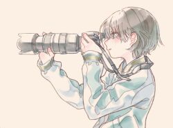 Rule 34 | 1girl, ajomo, blue eyes, blue jacket, brown hair, camera, dslr, hair between eyes, hands up, holding, holding camera, jacket, long sleeves, original, parted lips, profile, short hair, simple background, solo, strap, taking picture, track jacket, upper body, yellow background