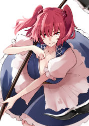Rule 34 | 1girl, blue dress, breasts, cleavage, deetamu, dress, eyebrows hidden by hair, from above, hair bobbles, hair ornament, highres, holding, holding scythe, large breasts, looking at viewer, onozuka komachi, open mouth, puffy short sleeves, puffy sleeves, red eyes, red hair, scythe, short hair, short sleeves, simple background, smile, solo, touhou, two side up, white background