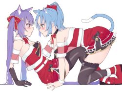 Rule 34 | 2girls, all fours, animal ear fluff, animal ears, arm support, assault lily, bare shoulders, bell, belt, black bow, black collar, black gloves, black thighhighs, blue hair, blush, boots, bow, bowtie, breasts, cat ears, cat girl, cat tail, closed mouth, collar, detached sleeves, dress, dress bow, eye contact, face-to-face, from side, fur-trimmed boots, fur-trimmed dress, fur-trimmed sleeves, fur collar, fur trim, gloves, hair bow, hair ornament, hairclip, high ponytail, jewelry, jingle bell, kemonomimi mode, knee boots, knees up, leaning back, long hair, looking at another, makino mitake, matsumura fuuka, medium breasts, medium hair, multiple girls, official alternate costume, parted lips, pink eyes, ponytail, profile, purple hair, raised eyebrows, red bow, red bowtie, red footwear, ring, santa dress, see-through, see-through sleeves, short dress, short sleeves, simple background, sitting, skindentation, sleeveless, sleeveless dress, strapless, strapless dress, tail, tana botan, thighhighs, twintails, very long hair, white background, white belt, white collar, wristband, yellow eyes, yuri