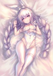 Rule 34 | + +, 1girl, absurdres, animal ear fluff, animal ears, azur lane, bare shoulders, bed sheet, between breasts, blue eyes, braid, breasts, cameltoe, collarbone, denchi more power, fake animal ears, feet out of frame, gluteal fold, grey hair, groin, hair between eyes, hand on own chest, hand up, headband, highres, le malin (azur lane), le malin (listless lapin) (azur lane), leotard, long hair, looking at viewer, lying, multicolored eyes, multicolored hair, o-ring, o-ring collar, official alternate costume, on back, open mouth, playboy bunny, purple eyes, rabbit ears, small breasts, solo, thigh gap, thigh strap, thighhighs, thighs, twin braids, twintails, two-tone hair, white hair, white headband, white thighhighs